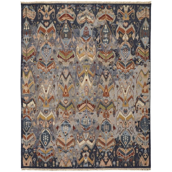 HomeRoots 567353 2 x 3 ft. Wool Ikat Hand Knotted Rectangle Area Rug with Fringe, Ivory, Blue & Brown