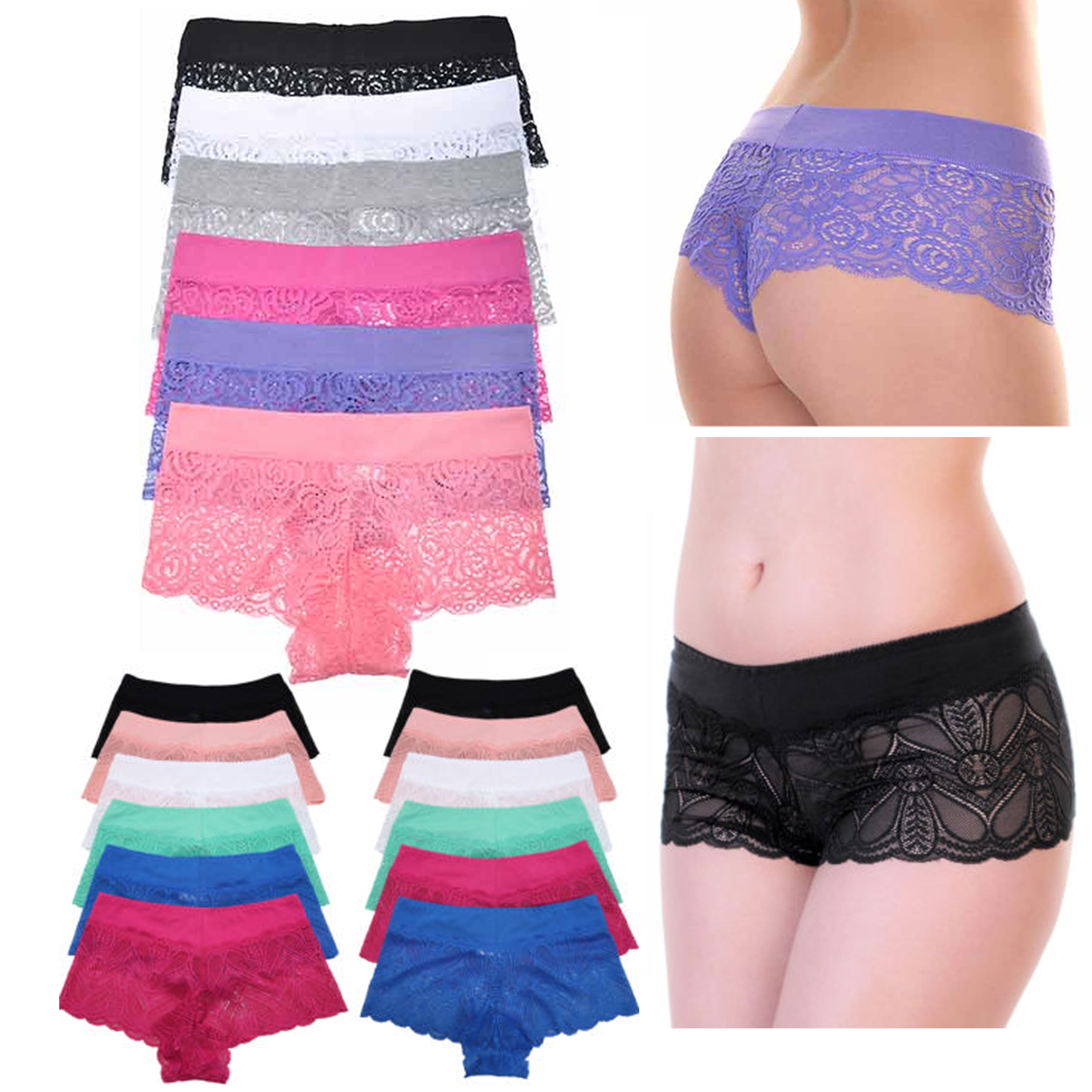 6 X Sexy Boy Shorts Lace Floral Hipster Brief Panties Women Underwear  Stretch L