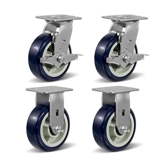 6"X2" Heavy Duty Industrial Casters,Polyurethane on Polypropylene Caster Wheels,2 Brake 2 Rigid Caster for Supermarket and Warehouse Flatbed Cart, 4000 lbs Total Capacity-Set of 4