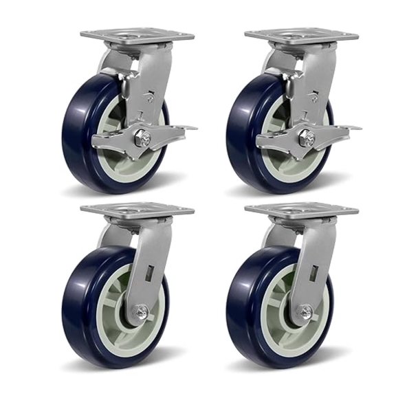 6"X2" Heavy Duty Industrial Casters,Polyurethane on Polypropylene Caster Wheels,2 Brake 2 Swivel Caster for Supermarket and Warehouse Flatbed Cart, 4000 lbs Total Capacity-Set of 4