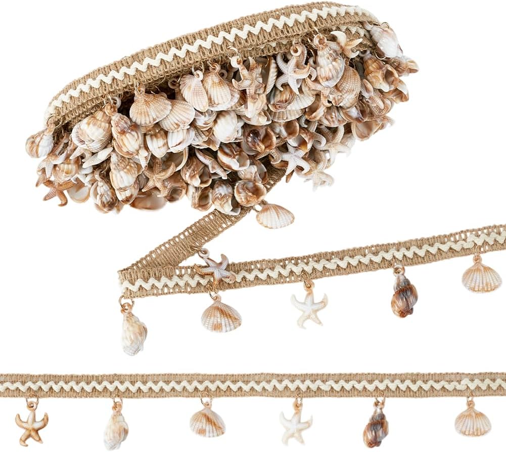 Shell Ribbons 6 Yards 1-3/4 Inch Shell Fringe Trim Starfish & Shell Charms Burlap ...