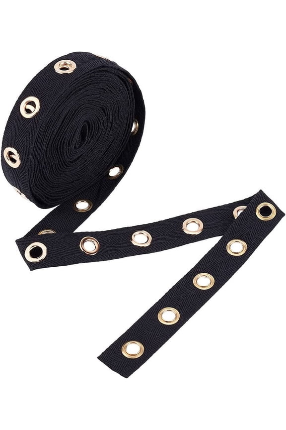 6 Yards 1" Wide Black Cotton Grommet Eyelet Twill Tape Trim 8mm Gold Metal Eyelet Ring Ribbon Strip