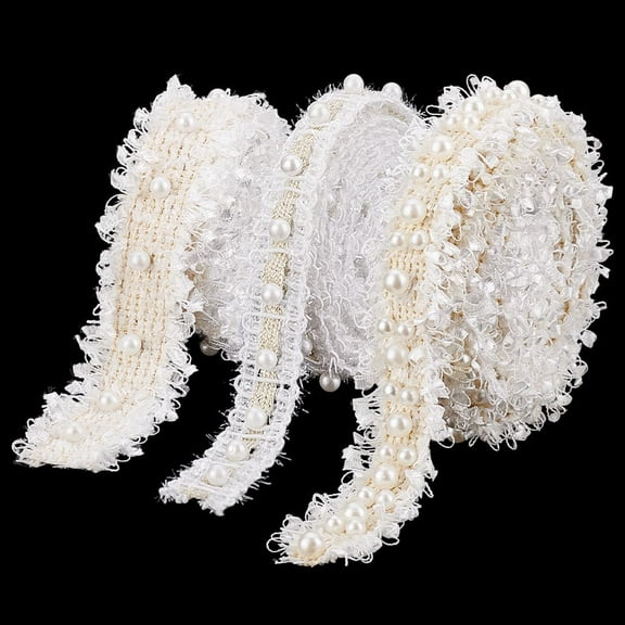 6 Yards 3 Styles Polyseter & Cotton Lace Trim Ribbon with Plastic Pearl Mixed Color 3/4~1-1/8 inch(18~30mm) 2 yards/style