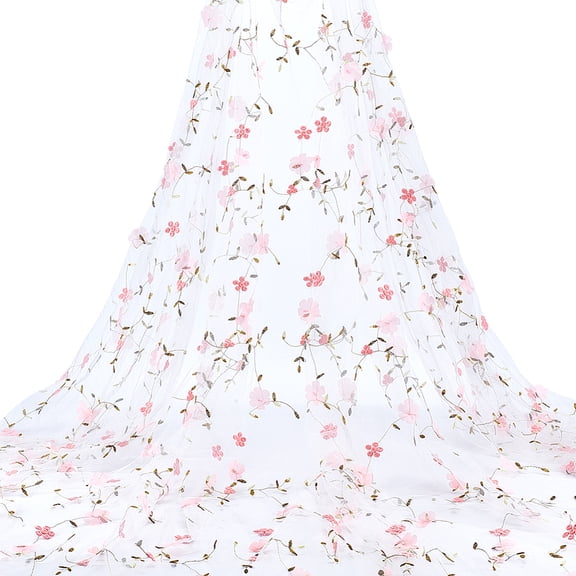 6 Yards Embroidered Flower Fabric 51inch Wide Mesh Embroidered Lace Trim Fiber Embroidery Tulle Fabric Soft Mesh Lace Material Pink
