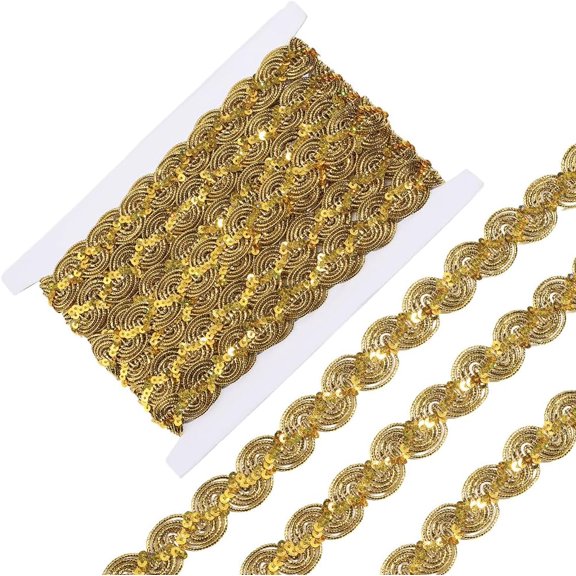 6 Yards Gold Sequin Lace Trim 2.3cm Metallic Gimp Braid Trim Glitter Scalloped Applique Edging Trimmings Christmas Wavy Lace Ribbon for Sewing Wedding Bridal Curtain Home Decor Gold