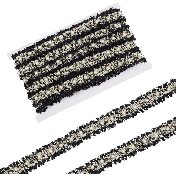 6 Yards Pearl Tweed Trim Ribbon 1 inch Wide Black Trim Ribbon with Pearl Beads Polyester Pleated Pearl Ribbon for Sewing Pearl Floral Ribbon for DIY Clothes Dress Decoration Black