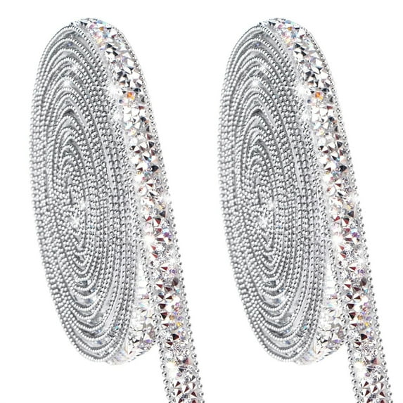 6 Yards Self Adhesive Rhinestone Ribbons,Bexikou 2 Rolls Diamond Ribbon Crystal Ribbon Roll,Rhinestone Ribbon Crystal Car Sticker for DIY Art Crafts Car Phone Decoration (Silver)