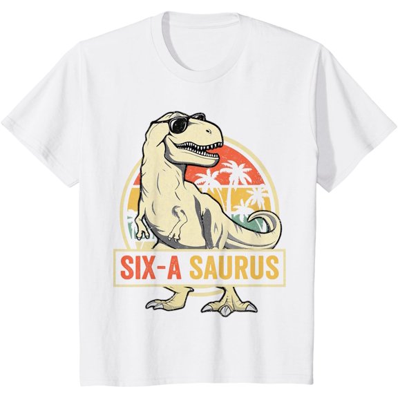 6 Year Old Dinosaur Birthday 6th T Rex Dino Six Saurus Unisex T-Shirt for Men Women Kids,White Color,Size L