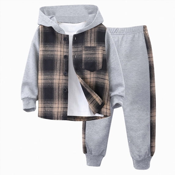 6 Years Little Boys 2 Piece Hooded Plaid Jacket and Pants Set Long ...