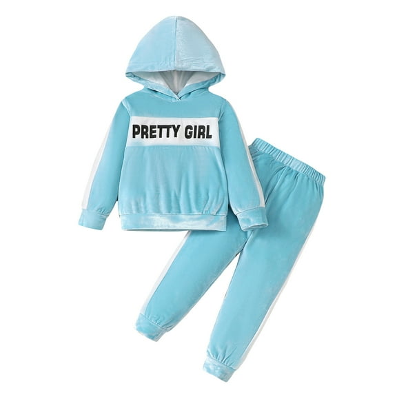 6 Years Little Girls Clothes 7 Years Girls 2PCS Fall Winter Outfits Set Letter Print Solid Color Little Girls Long Sleeve Hoodie Top Pants Set Blue