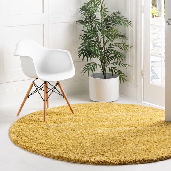 6' Yellow Solid Round Shag Area Throw Rug