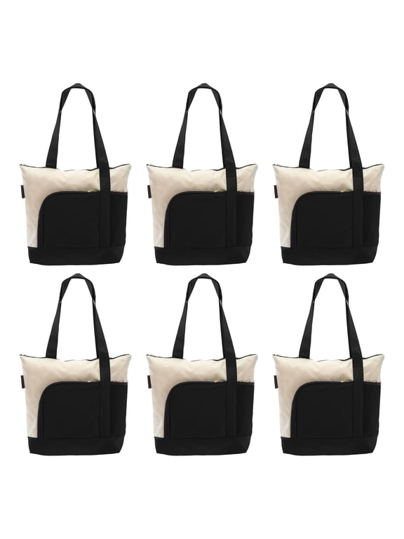 6 Zipper Polyester Tote Bags Set - Two-tone, Zipper Closure, Pen Loop - Black