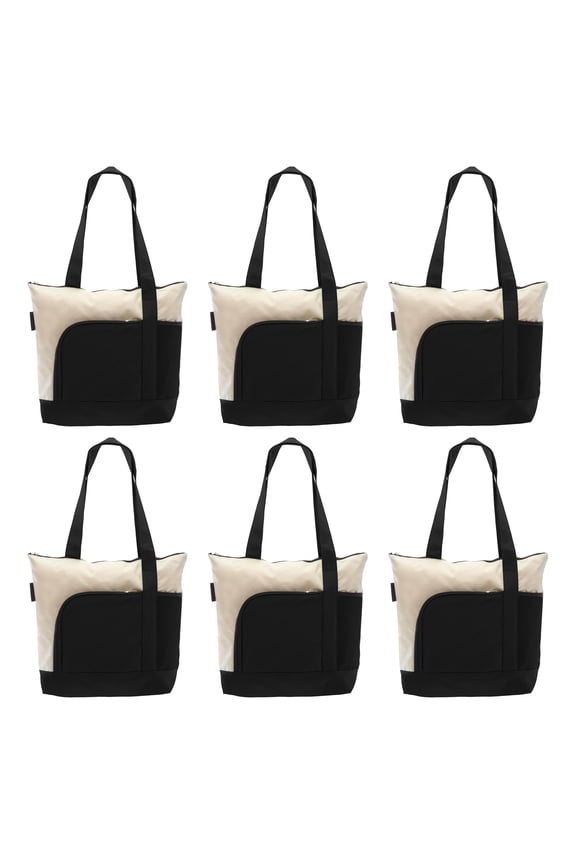 6 Zipper Polyester Tote Bags Set - Two-tone, Zipper Closure, Pen Loop - Black
