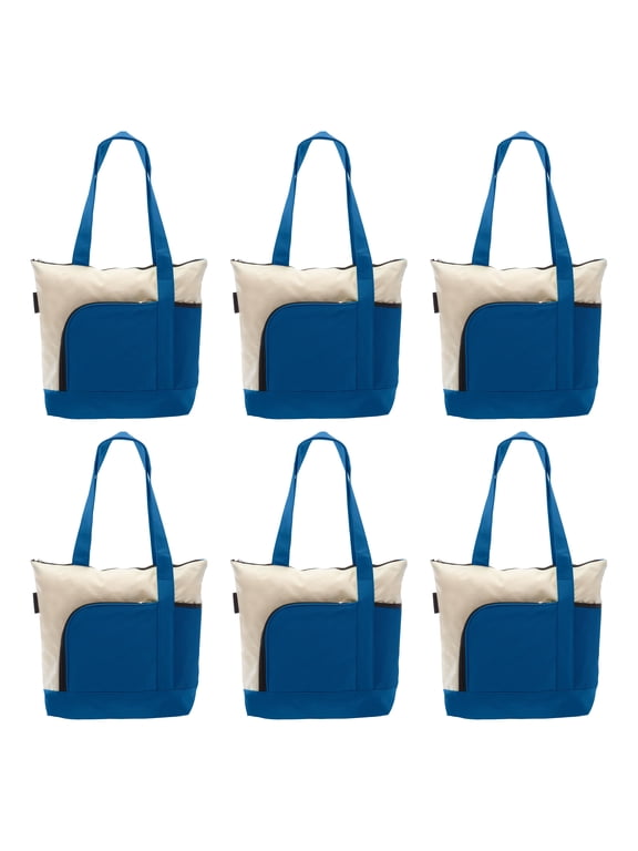 6 Zipper Polyester Tote Bags Set - Two-tone, Zipper Closure, Pen Loop - Blue
