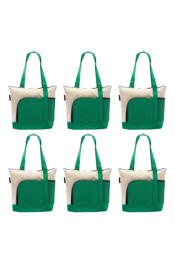 6 Zipper Polyester Tote Bags Set - Two-tone, Zipper Closure, Pen Loop - Green