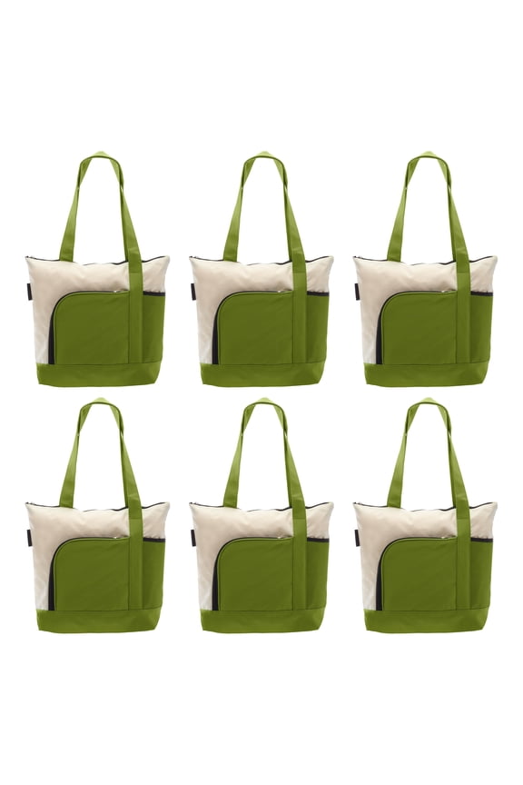 6 Zipper Polyester Tote Bags Set - Two-tone, Zipper Closure, Pen Loop - Lime Green