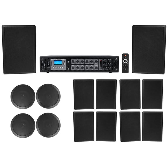 6-Zone Home Audio Receiver+(4) 6.5" Black Ceiling+(10) 5.25" Slim Wall Speakers