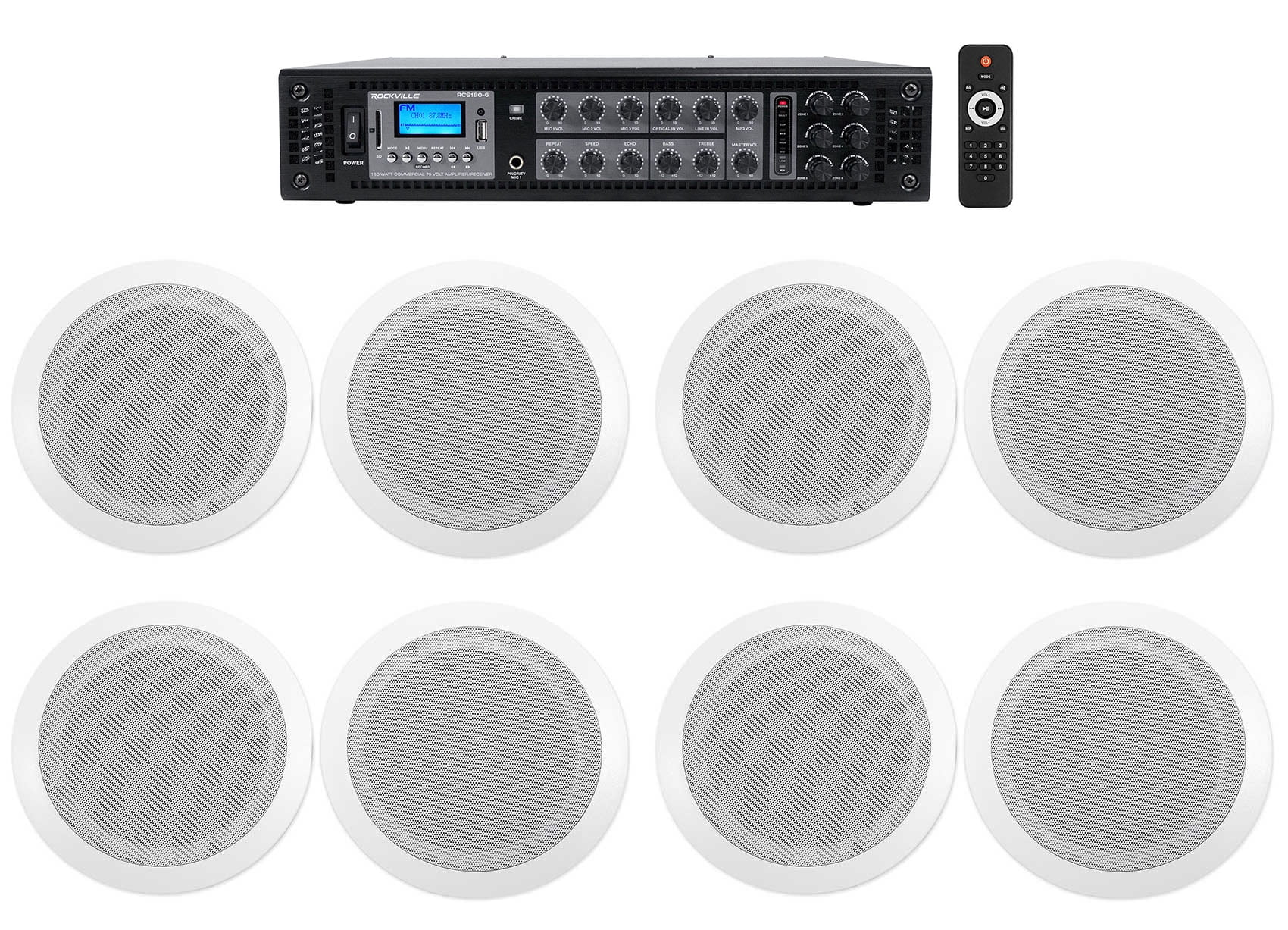 Rockville 6-Zone Bluetooth Stereo System with 8 White Ceiling Speakers ...