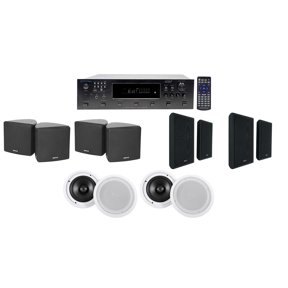 6-Zone Receiver+4) Black 3.5" Cube+Wall+Ceiling Speakers For Restaurant/Bar/Cafe