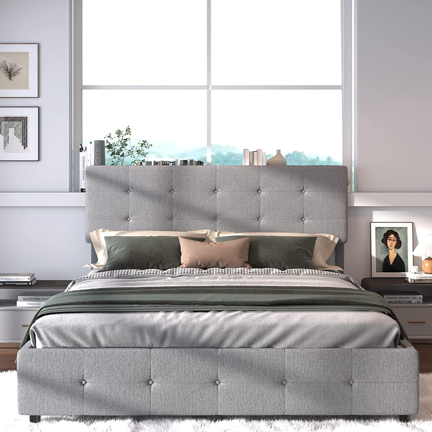 6&Fox Queen Bed Frame with Adjustable Headboard and 4 Drawers