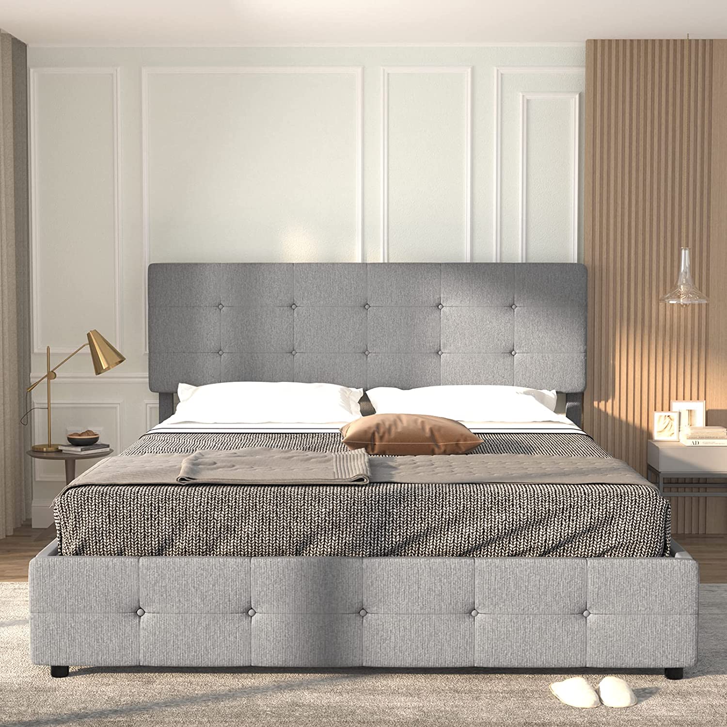 6&Fox Queen Bed Frame with Adjustable Headboard and 4 Drawers