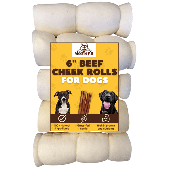 Woofleys 6-Inch Beef Cheek Rolls for Dogs, 10 Count