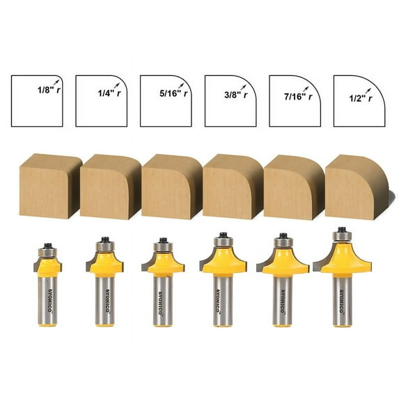 6 bit Round over Router Bit Set - 1/2" Shank - Yonico 13622