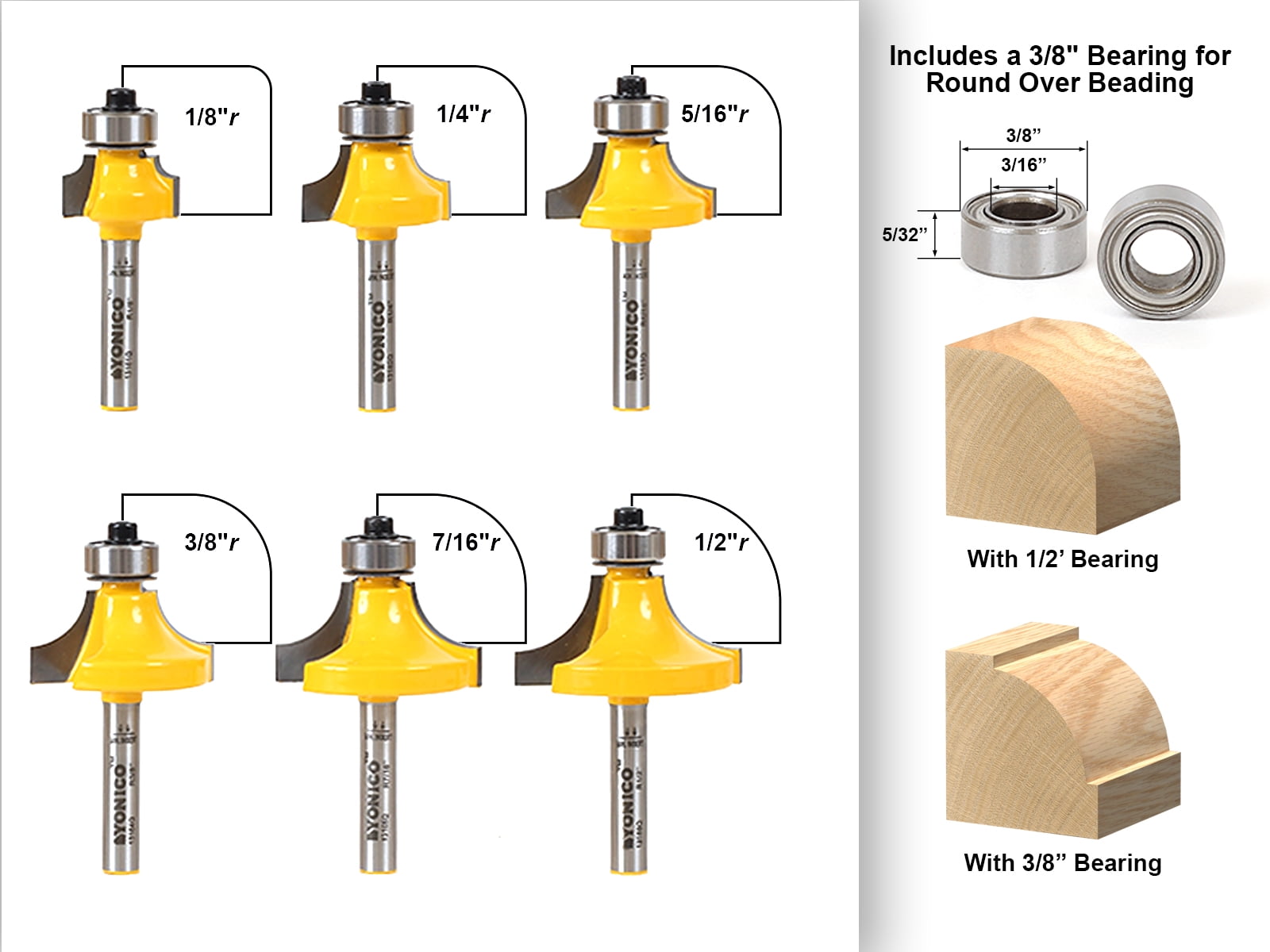 6 bit Round over and Beading Router Bit Set - Yonico 13621q