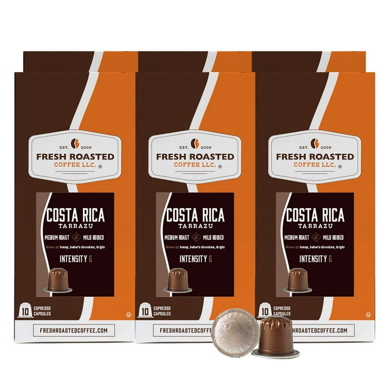 Fresh Roasted Coffee for Nespresso OriginalLine Single Origin Costa Rican Tarrazu Medium 60 Count Aluminum Capsules