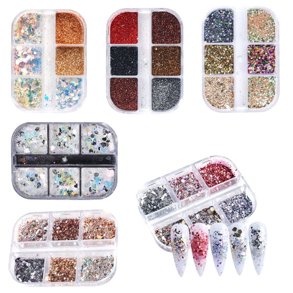 6 boxes Nail Sequins and Nail powder,Nail Art Glitter Mixed Shining for Nail Decoration DIY