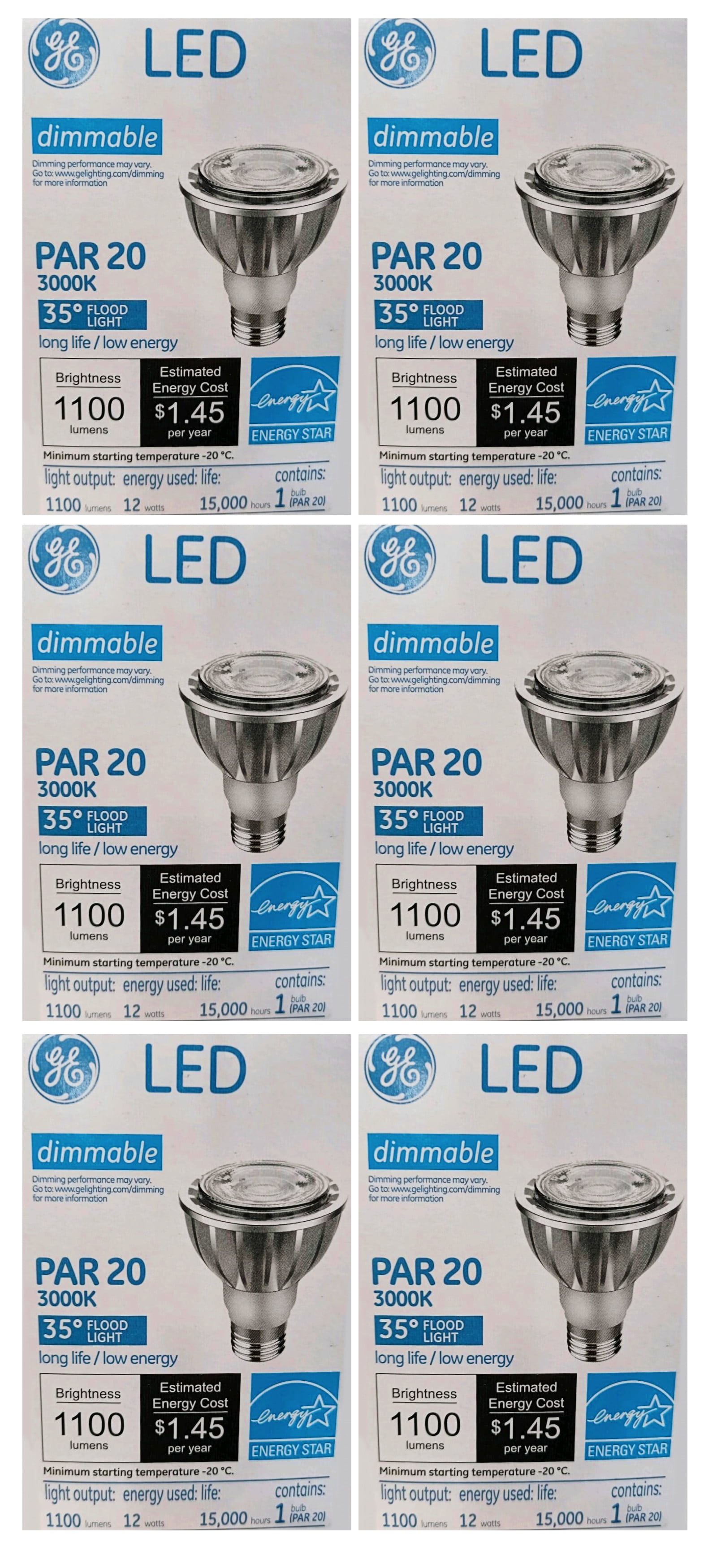 (6 bulbs) GE 38130 LED PAR20 Flood Light, 1100 Lumens, 3000K, 35 degree beam angle, Dimmable, 12 watts, 15000 hours, energy star