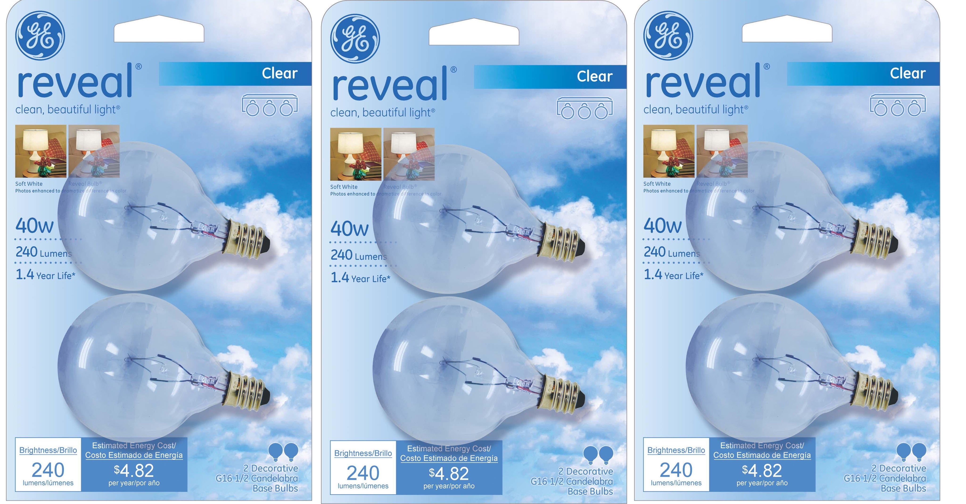 (6 bulbs)GE 48704 Reveal 40 watt G16.5, clear, candelabra base, globe light bulb, clean