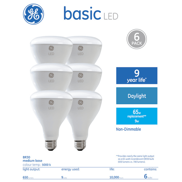 (6 bulbs) GE Basic LED BR30, Daylight 5000K, 650 lumens, 65 watt ...