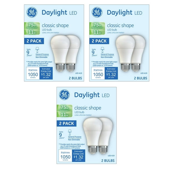 (6 bulbs) GE Lighting 21173 General Purpose Classic Shape A19 LED 11watt light bulb (75-Watt Replacement), 1050-Lumen, Medium Base, Frosted Daylight