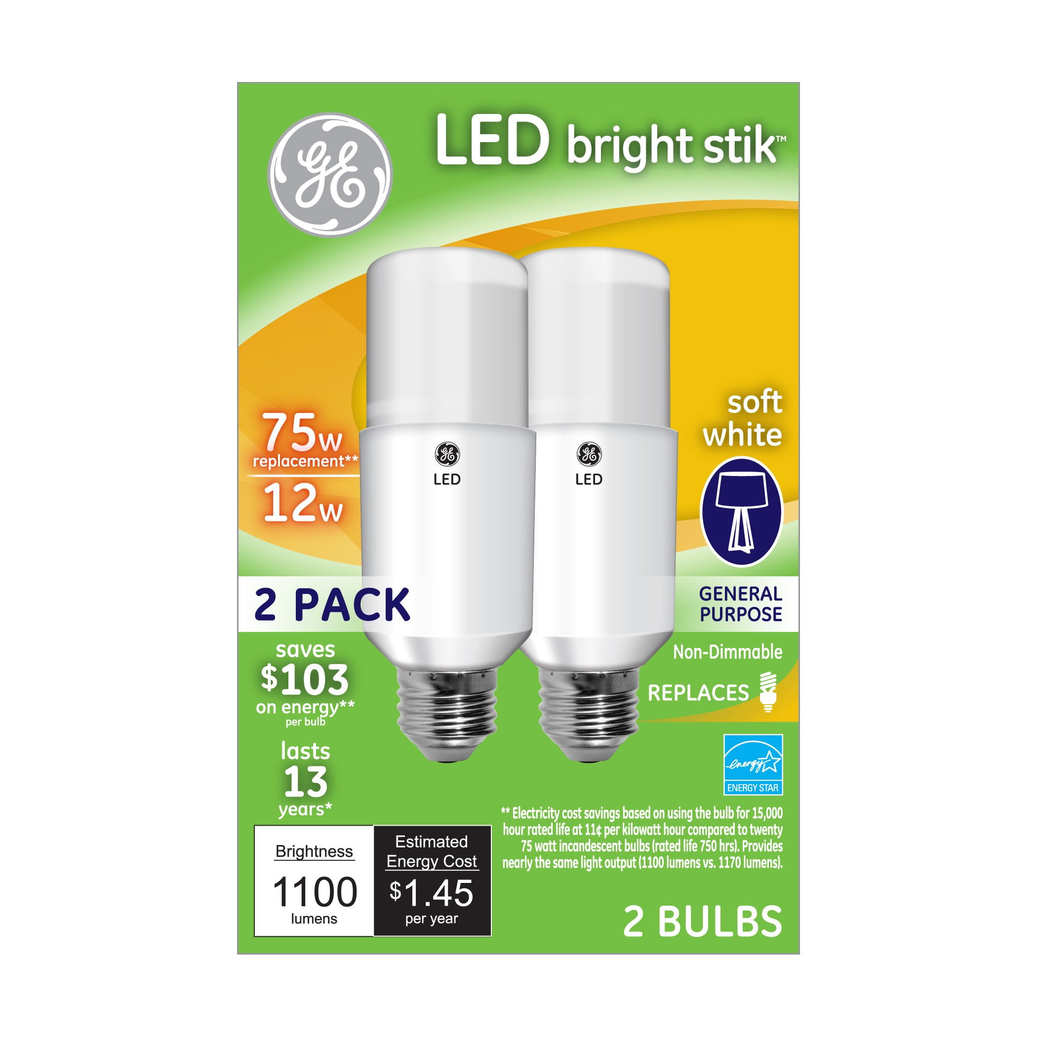 6 Bulbs Ge Lighting 63797 Led Brightstik 75 Watt Replacement 1100