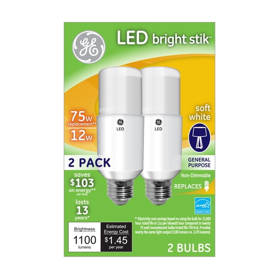 (6 bulbs) GE Lighting 63797 LED Brightstik 75-watt Replacement 1100 Lumen Light Bulb with Medium Base, Soft White