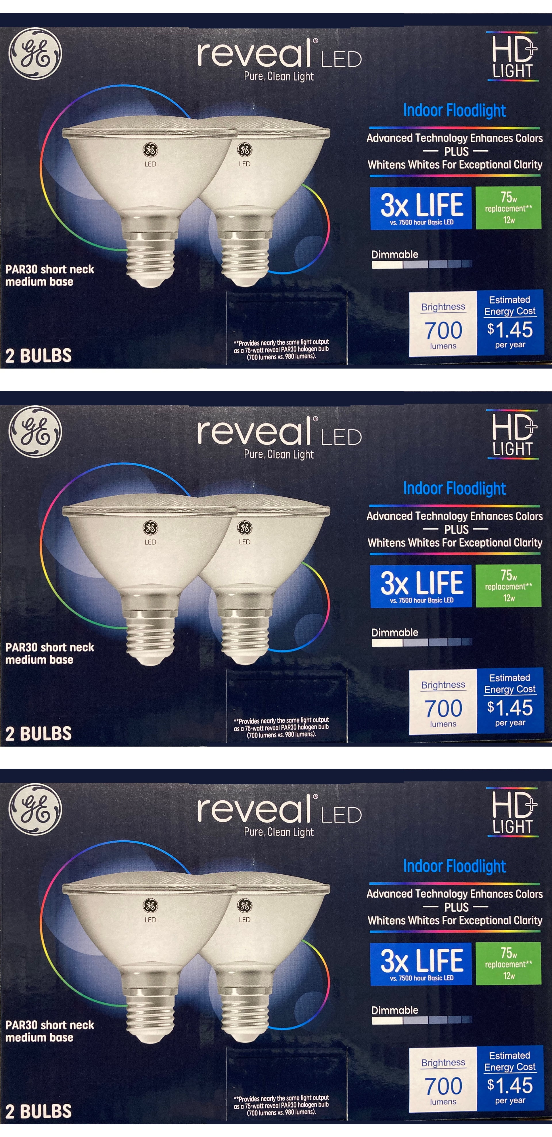 (6 bulbs) GE Reveal LED 75 W Equivalent Dimmable, Color-Enhancing HD PAR30 Shortneck, Dimmable LED Light Light Bulb, GE's best light, Indoor Floodlight, 700 lumen, 12 watt