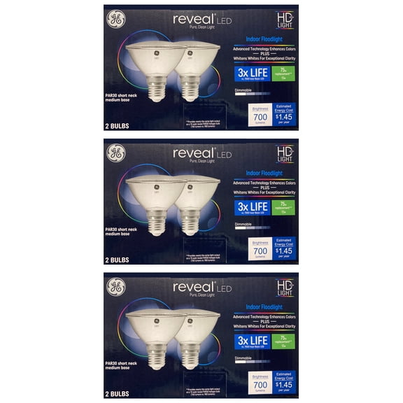 (6 bulbs) GE Reveal LED 75 W Equivalent Dimmable, Color-Enhancing HD PAR30 Shortneck, Dimmable LED Light Light Bulb, GE's best light, Indoor Floodlight, 700 lumen, 12 watt