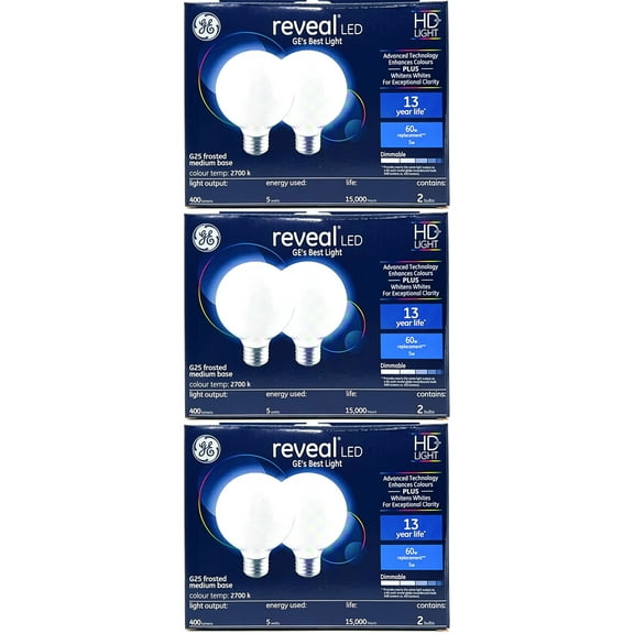 (6 bulbs) GE reveal LED HD+ Color-Enhancing G25 Globe, 5 watt, 400 lumen, Dimmable LED Decorative Globe Medium Base Frosted G25 Bulb, 60 watt replacement