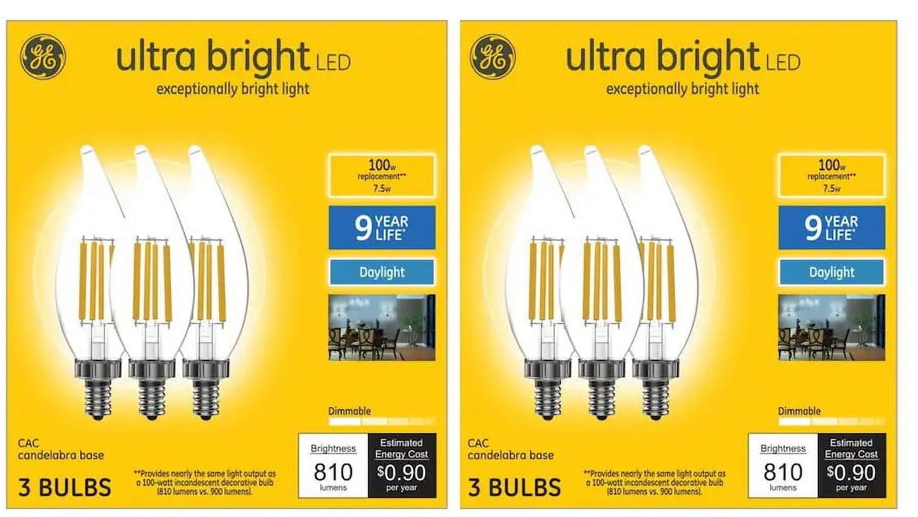 (6 bulbs) GE ultra bright LED 100 watt equivalent CA12 Daylight Dimmable Decorative Candle Light Bulb