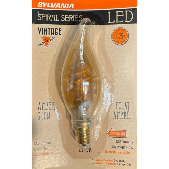 (6 bulbs) Sylvania Vintage LED B10 Bulb, Spiral Filament, 125 lumens, Amber Glow, 3 watts, Dimmable, Candelabra base, LED Light Bulb