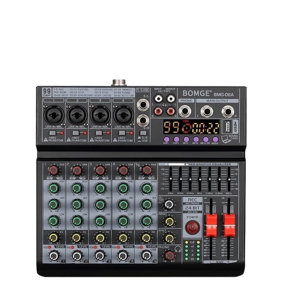 6 channel 99DSP effects mixer 7 Band EQ Control With headphone monitoring with Bluetooth MP3 6.35mm outputs ,Easy to Operate