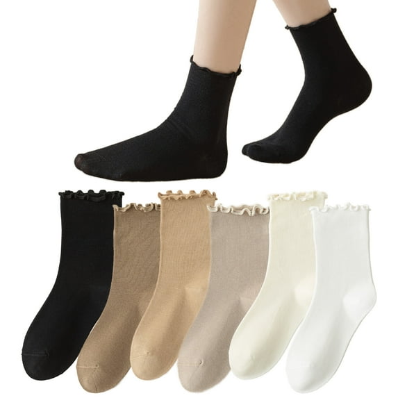 Livease Womens Crew Socks, 6Colors Ruffle Socks, Turn-Cuff Frilly Sock, Casual Slouch Cotton Socks