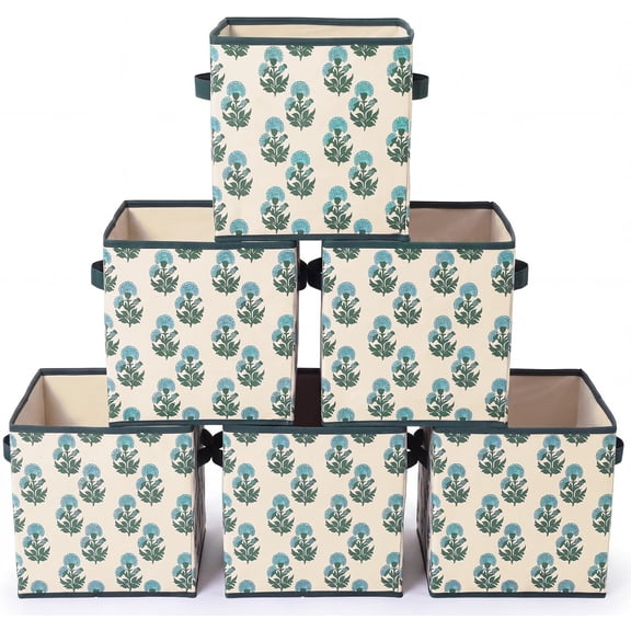 6 count 11 Inch Block Print Storage Bins Cube Cyan and White Storage Basket Rustic Floral Foldable Fabric Organizing Bins with Handles for Office Shelves Closets Clothes Toys Books