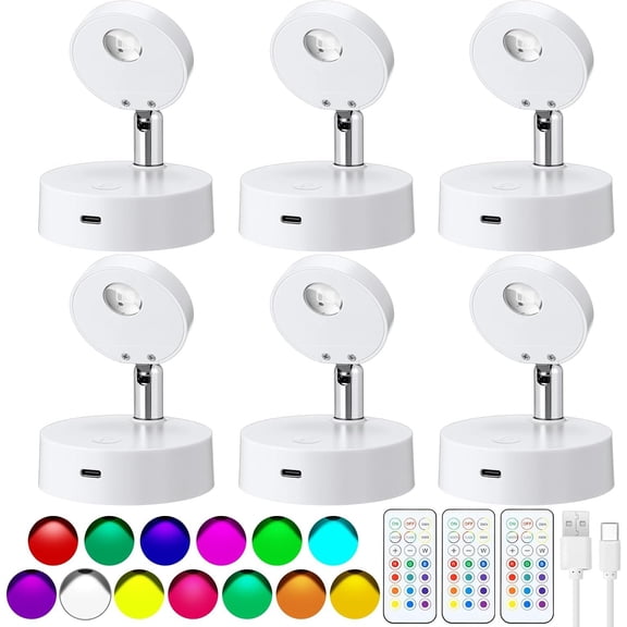6 count 13 Color Rechargeable RGB Spot Light with Remote Indoor LED Picture Spotlight, Rotatable , Stick Wall Hallway for Painting Picture Artwork Closet