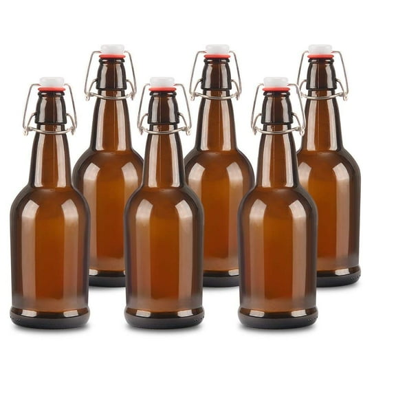 6 count 16oz Amber Glass Beer Bottles with Easy Wire Swing Cap & Airtight Rubber Seal. Perfect for Home Brewing Wine.