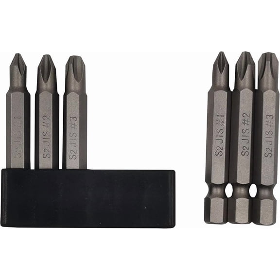 6 count 50mm JIS Bit Set with Tip,1/4 Hex Shank, S2 Alloy Steel & 6-Hole Storage Strip-erfect for , , & Equipment (JIS #1x2#2x2#3x2)