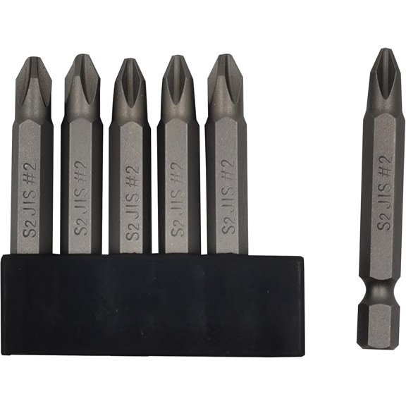6 count 50mm JIS Bit Set with Tip,1/4 Hex Shank, S2 Alloy Steel & 6-Hole Storage Strip-erfect for , , & Equipment (JIS #2x6)