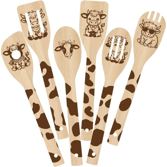 6 count 6 Styles Cow Cooking Utensils Set for Kitchen 2.4 x 11.8 Inch Durable Utensils, Cute Kitchen Wooden Spoons for Housewarming Wedding Anniversary Thanksgiving Birthday Use