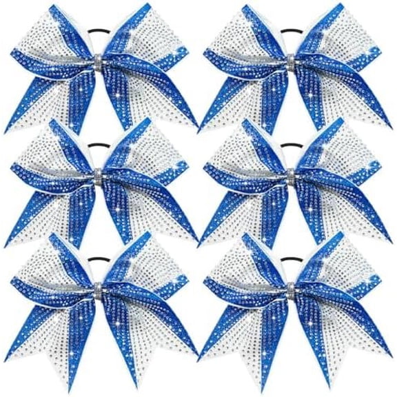 6 count 8" Large Glitter Royal Blue and White Bows Two Toned Rhinestones Stiff Hair Bows Elastic Band Competition Bows for Cheerleader Team Girls -Royal Blue/White